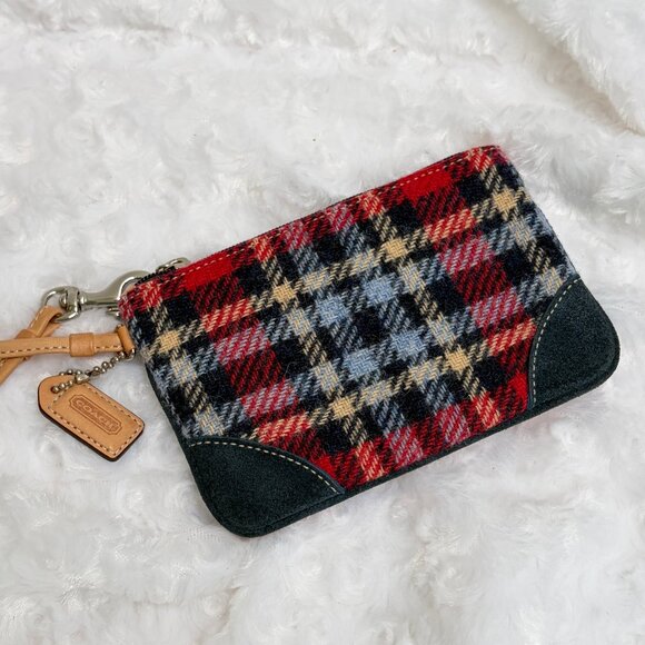 Vintage Coach Holiday Plaid Drawstring Bucket & Wristlet Set - 100% Wool in EUC - Picture 11 of 16